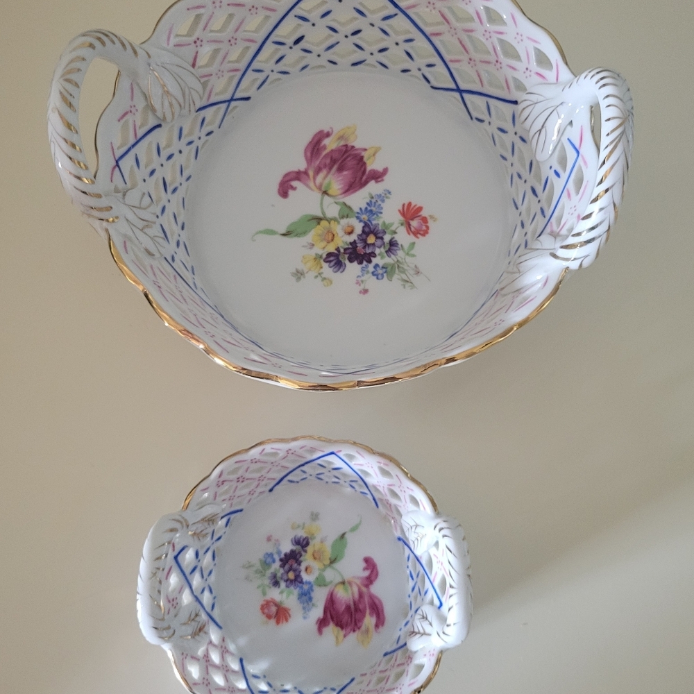 KPM Pierced Openwork Porcelain Basket Pink Blue Flowers Handles Gold Gilt Vintag
